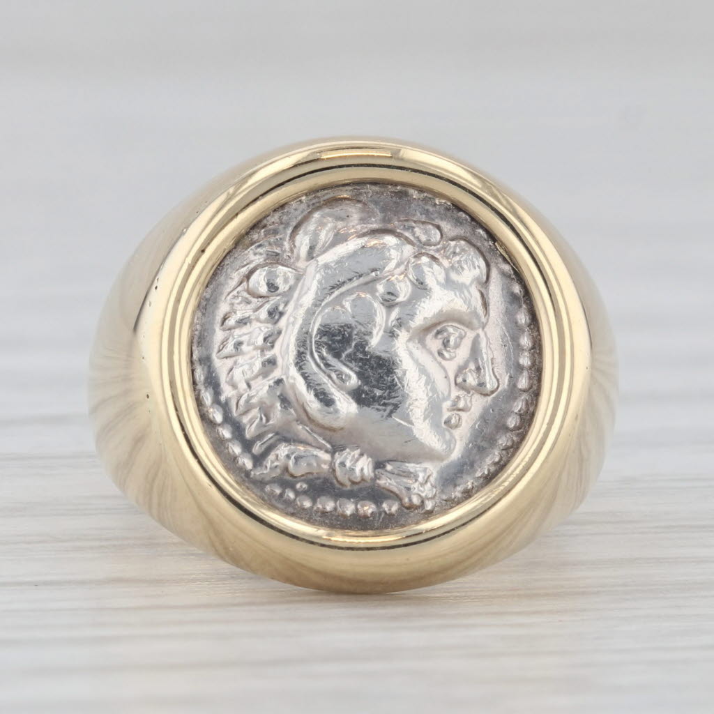 Figural Coin Copy Ring 18k Yellow Gold Silver Size 4 Signet