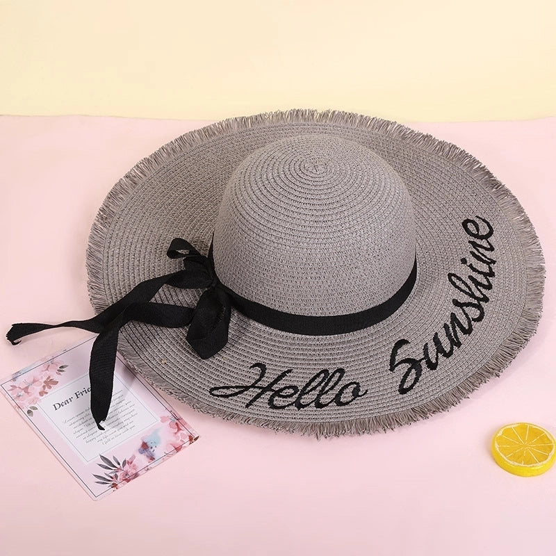 Fashion Wide-brimmed Outdoor Streamer Letter Printing Straw Sunscreen Hat