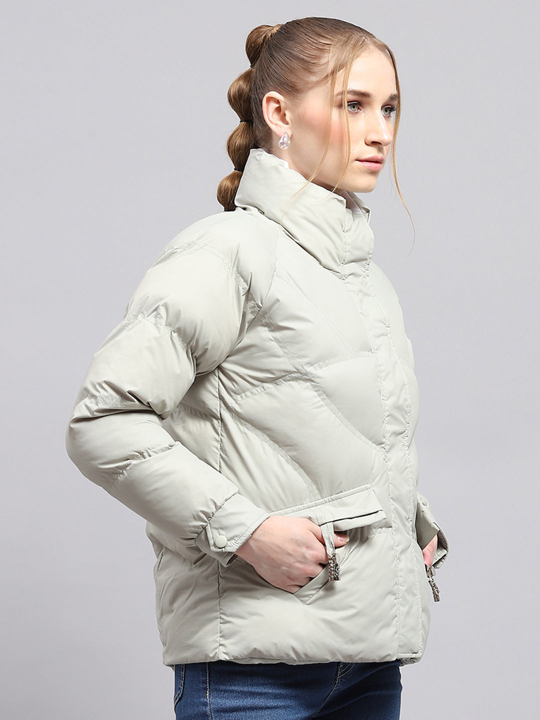 Women Grey Solid Mock Neck Full Sleeve Jacket