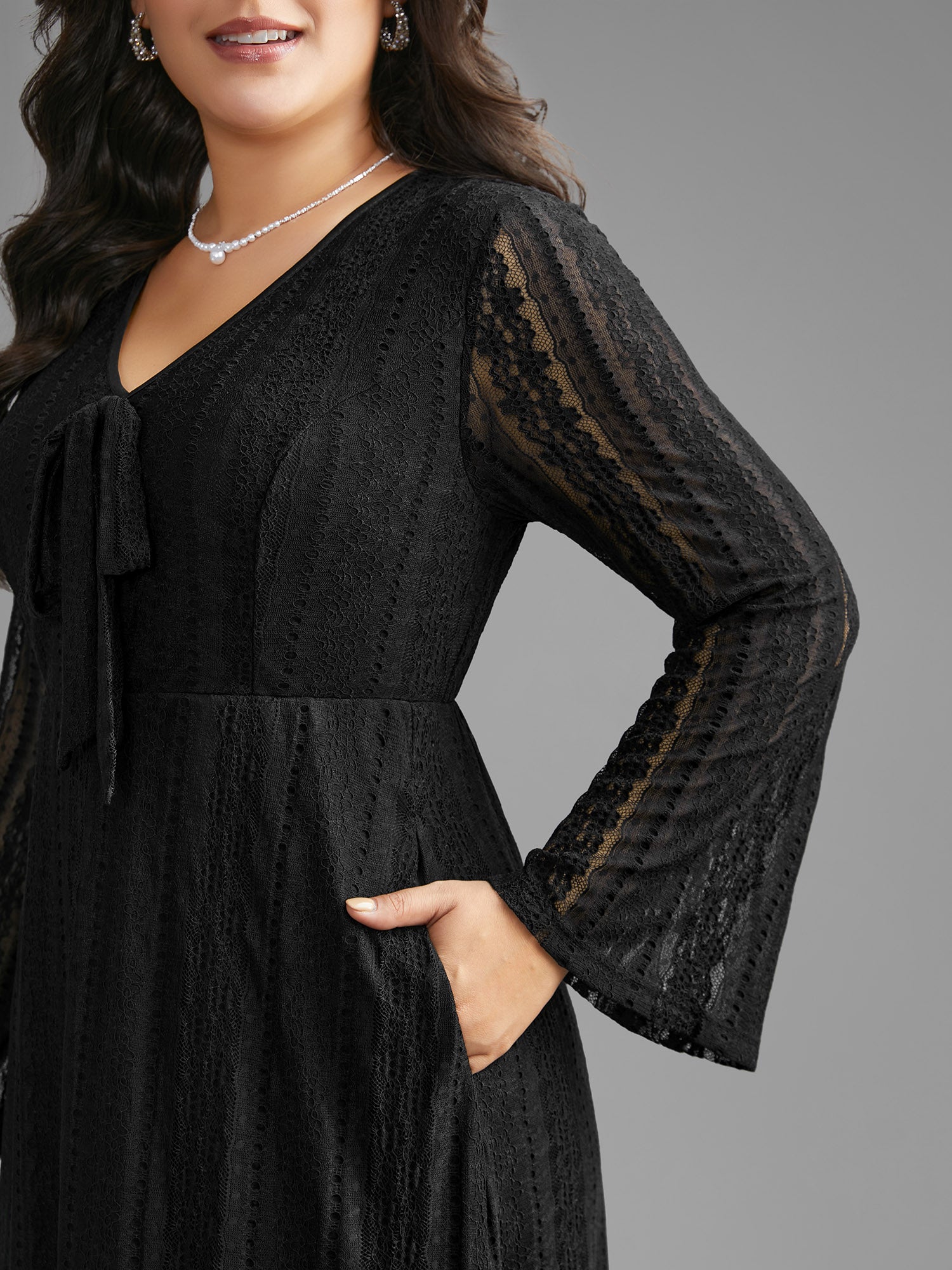 Textured Lace Panel Bell Sleeve Dress