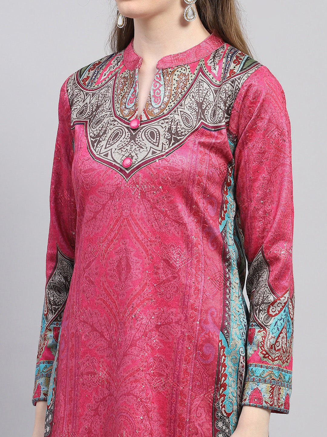 Women Pink Printed Round Neck Full Sleeve Kurti Set for Winter