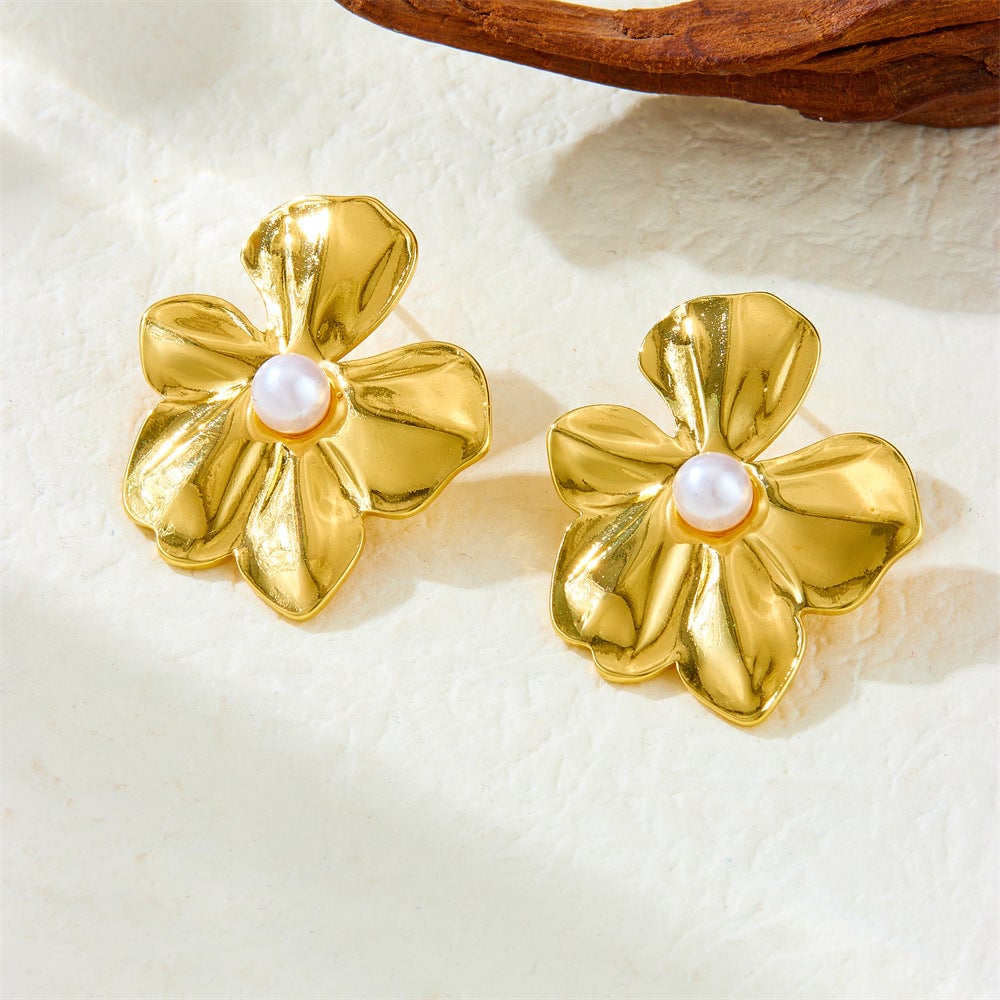 French Retro Golden Flower Earrings Niche Stainless Steel Earrings Exaggerated Earrings