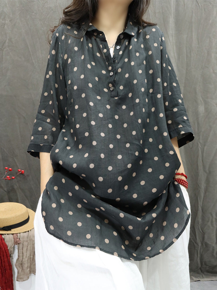 Women Summer Artsy Turn-down Collar Dot 100%Ramie Shirt