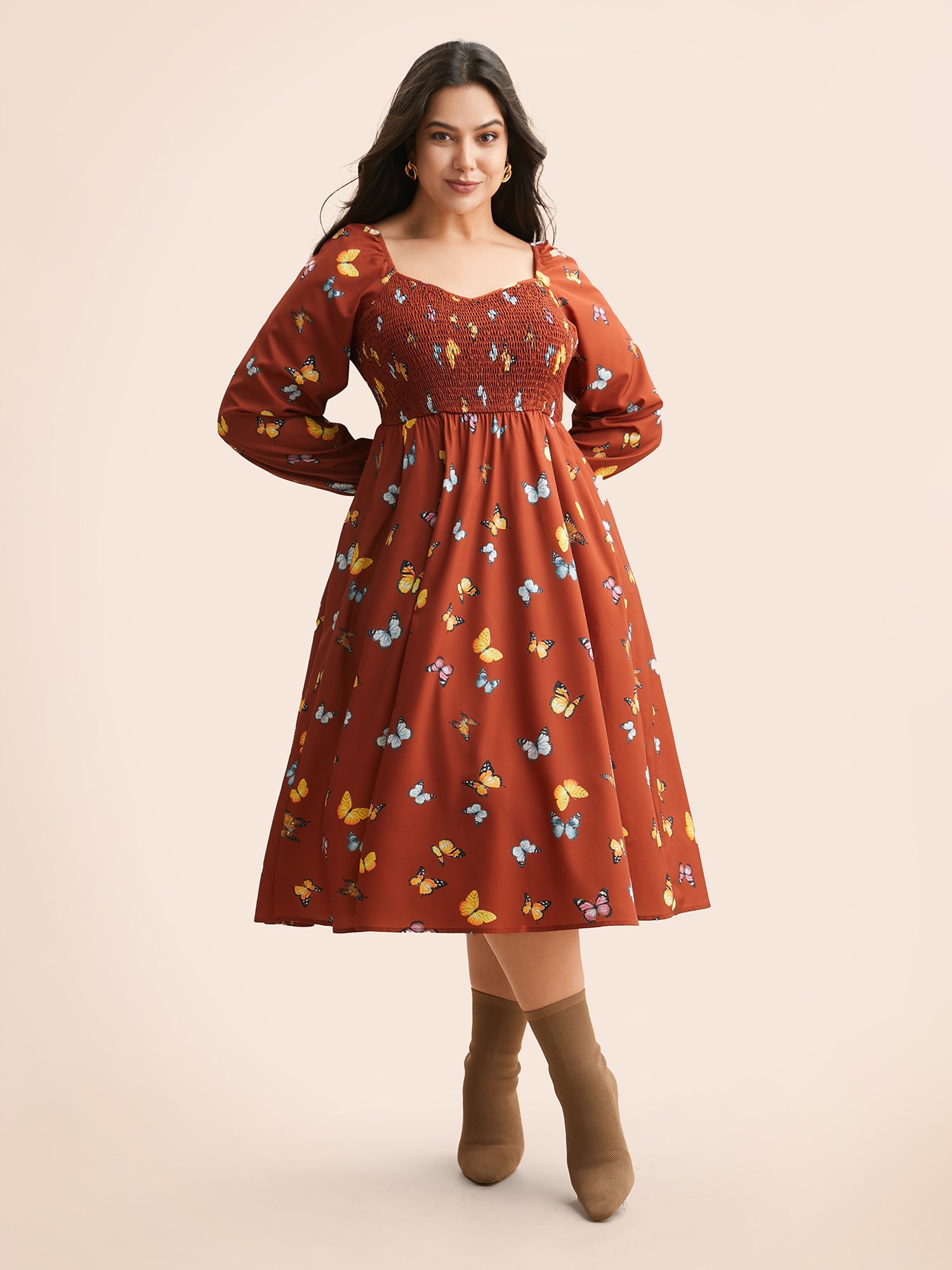 Heart Neckline Butterfly Print Shirred Dress