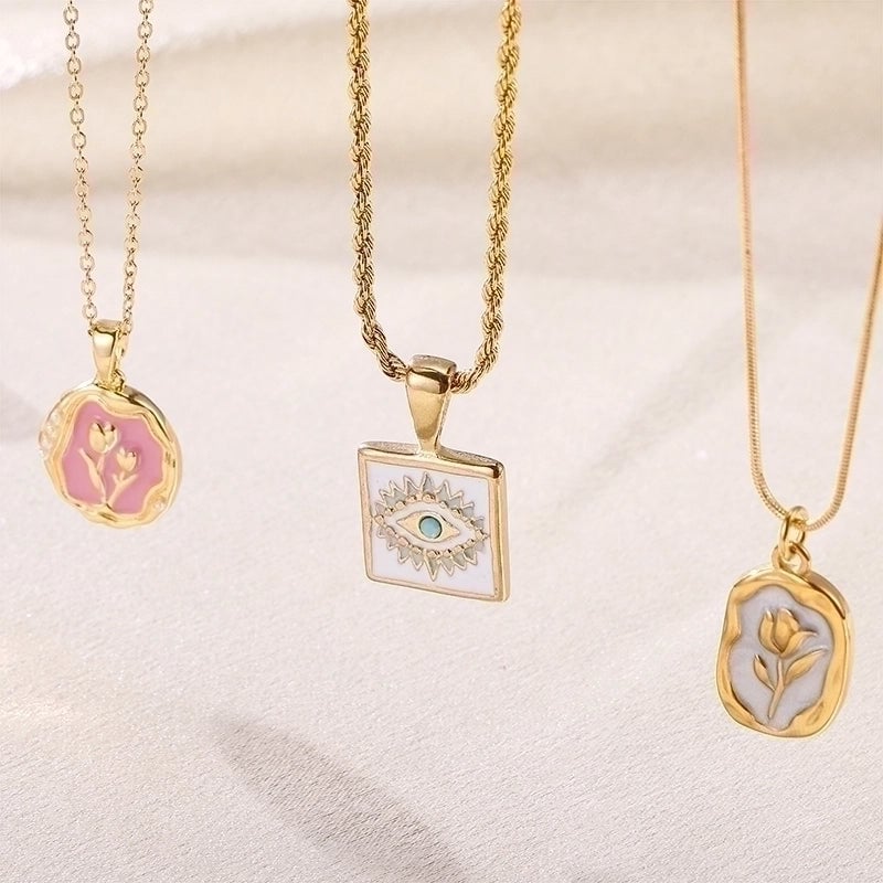 12 Pieces Elegant Retro Devil's Eye Rose Stainless Steel Enamel Plating 18k Gold Plated Pendant Necklace