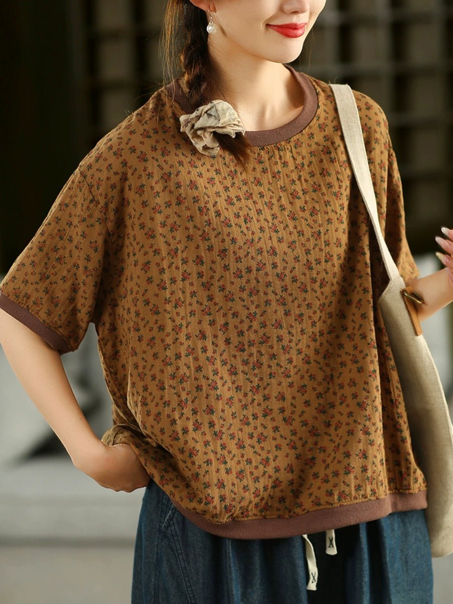 Women Summer Artsy Floral Linen Cotton O-Neck Shirt