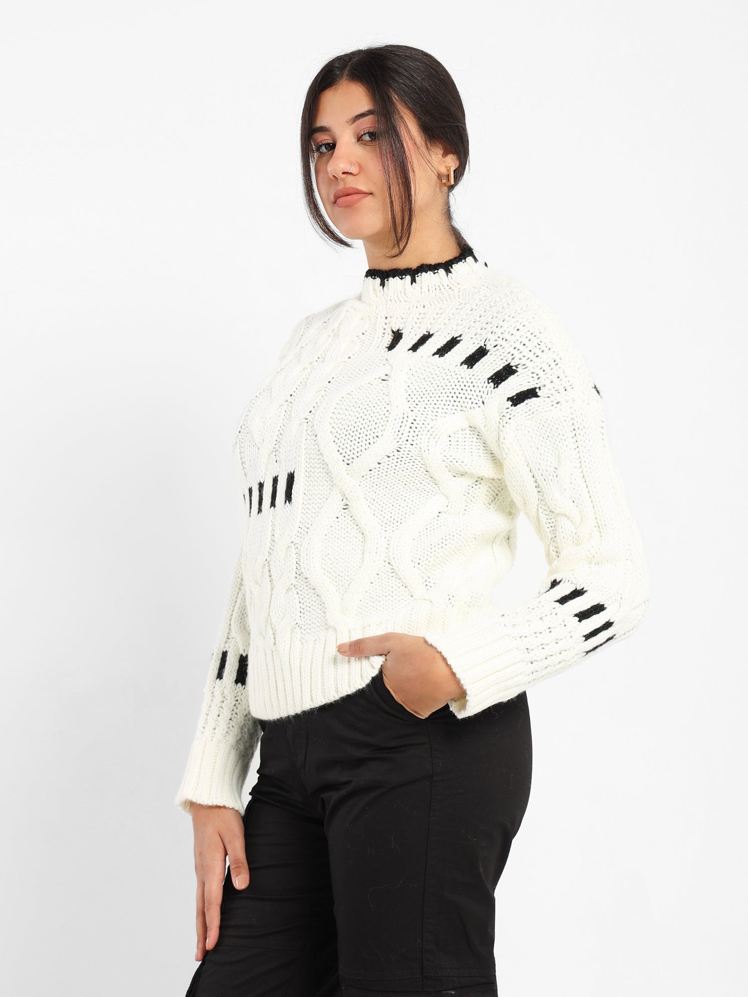 Mixed Knit Sweater with Contrast Trim