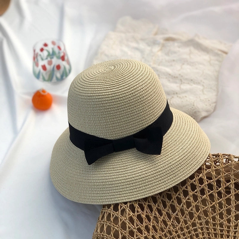 Women's Pastoral Solid Color Bowknot Wide Eaves Straw Hat