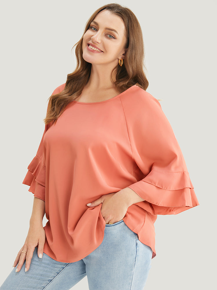 Plain Ruffle Tiered Round Neck Blouse