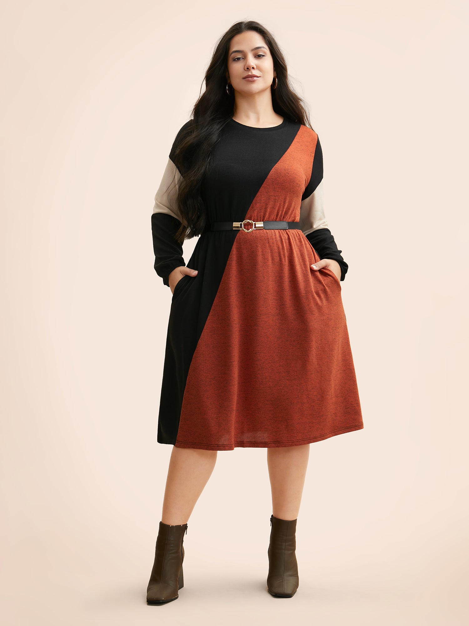 Contrast Patchwork Lantern Sleeve Dress