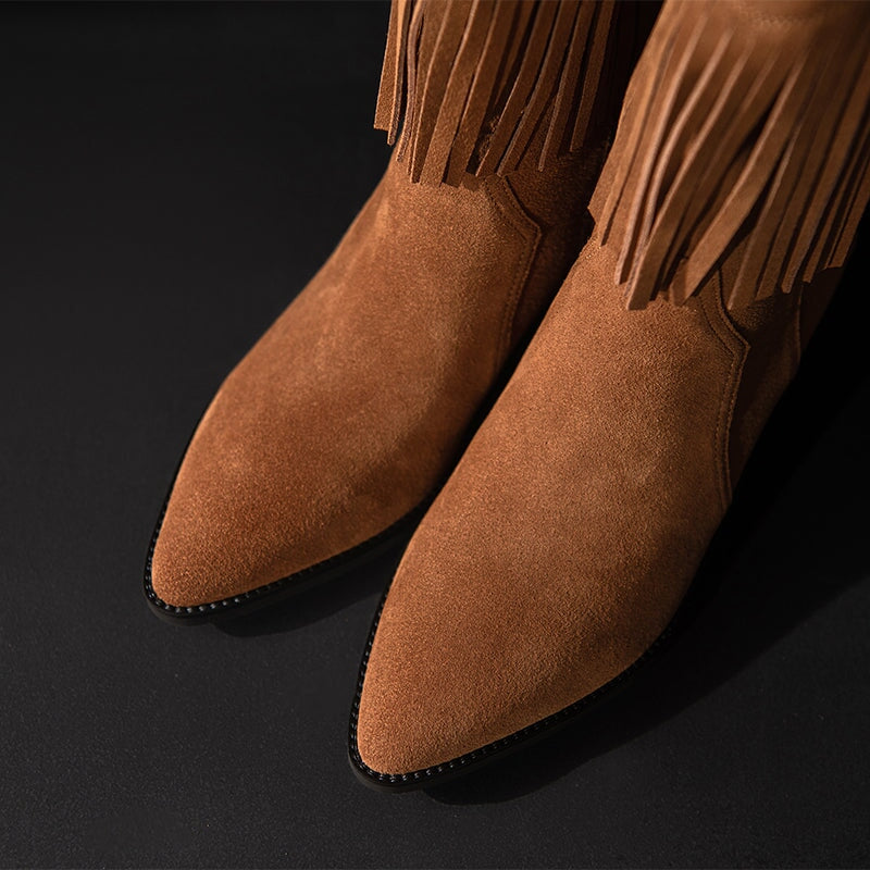 Western Point-Toe Cowgirl Boots With Tassels Handmade Suede Mid Calf Boots in Black/Brown