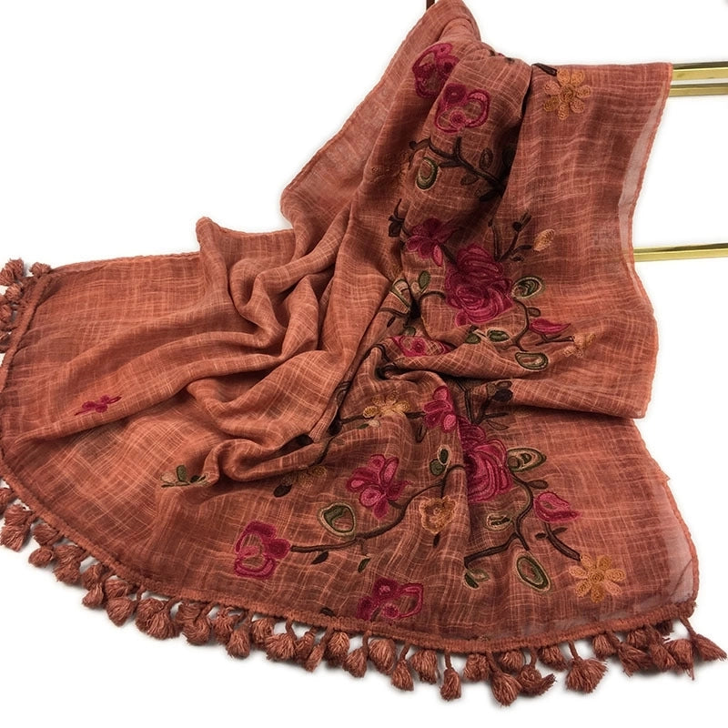 Women's Minimalist Leaves Solid Color Flower Cotton And Linen Embroidery Tassel Scarf Shawl