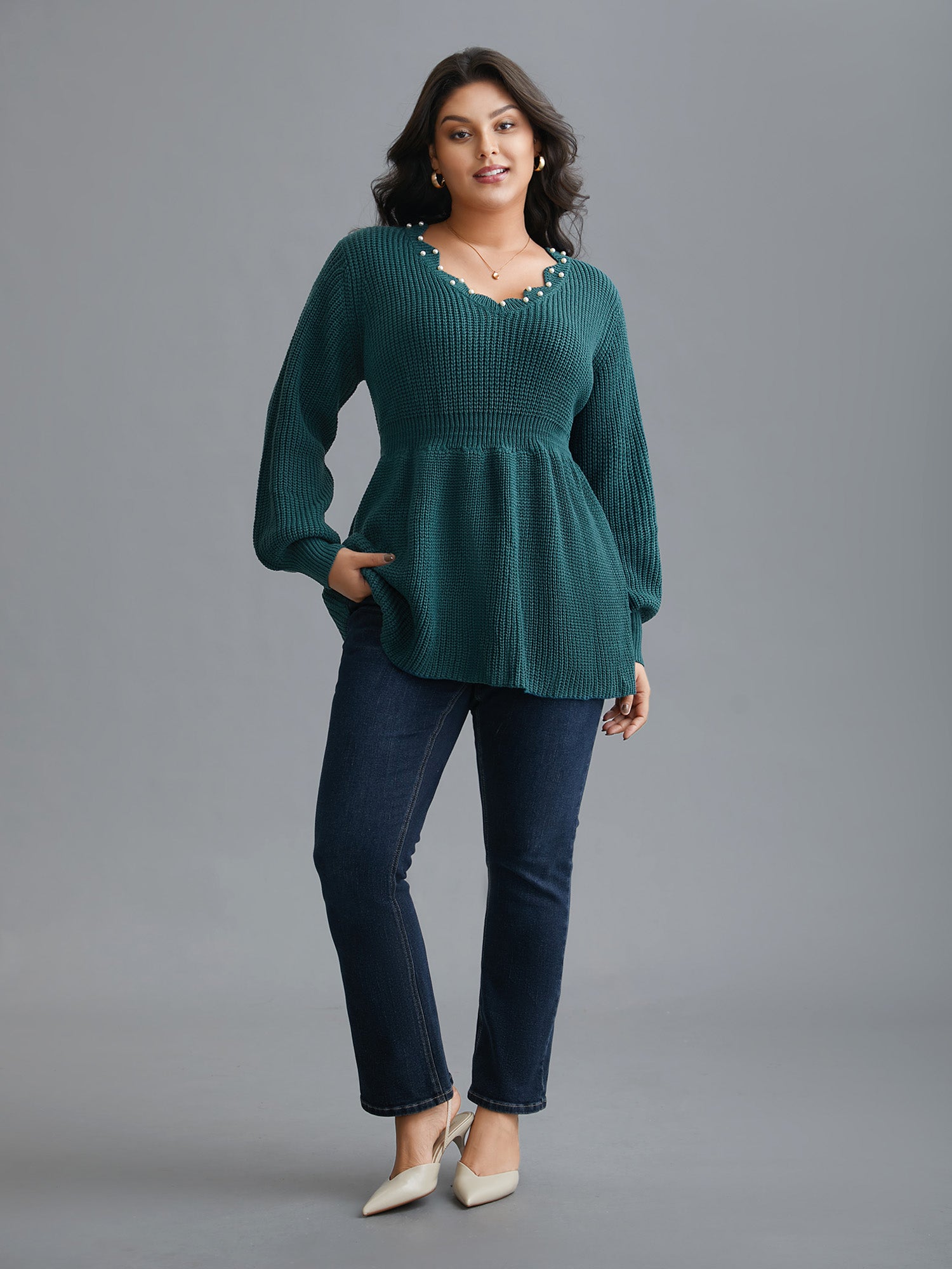 Wavy Neckline Pearl Waist-Defining Pullover