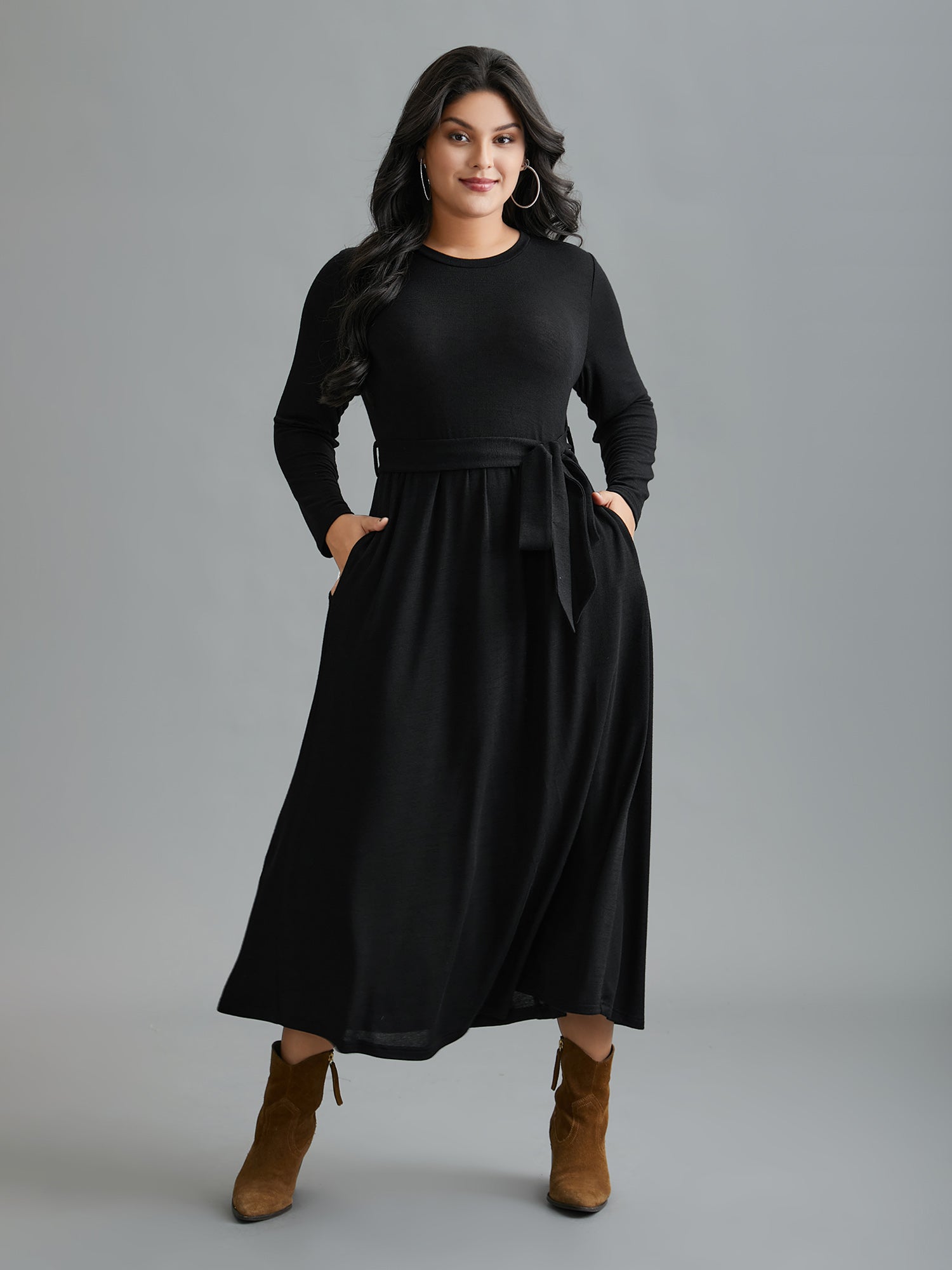 Round Neck Heather Belted Dress