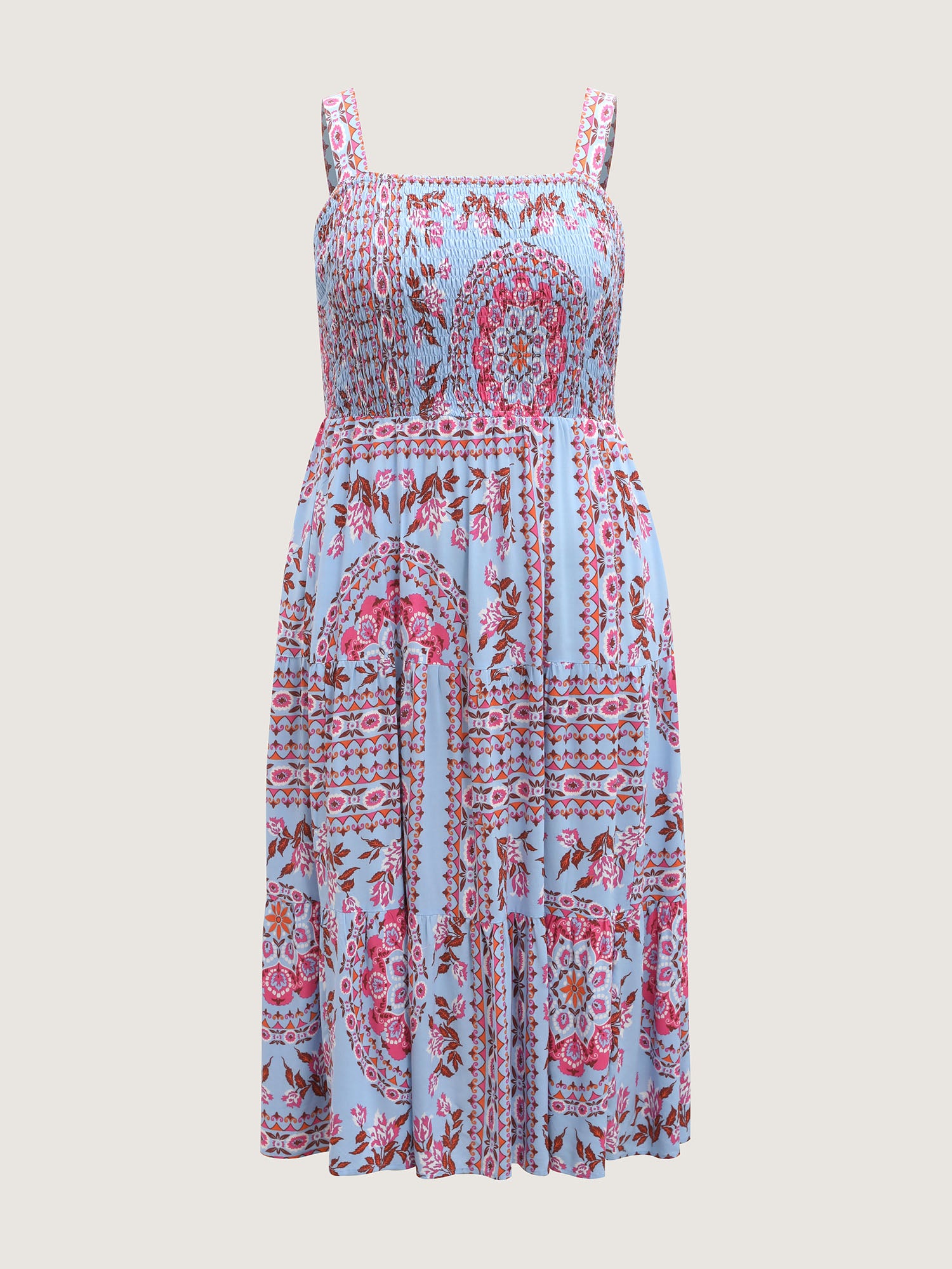 Rayon Floral Print Shirred Pockets Midi Dress