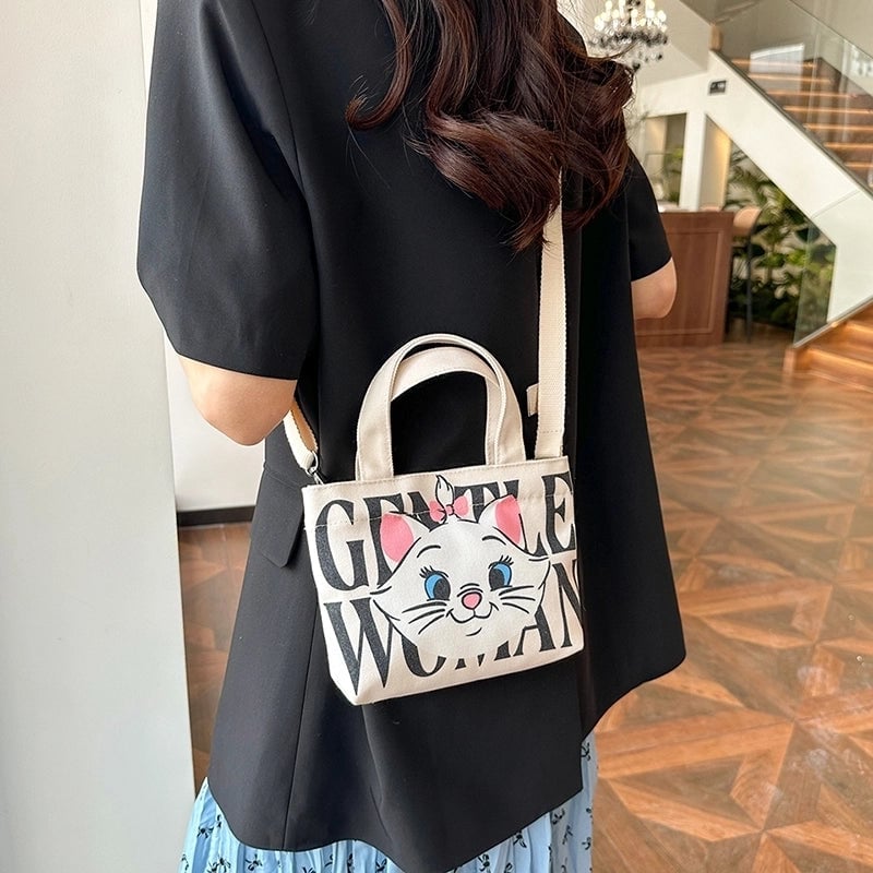 Women's Canvas Letter Cat Strawberry Cute Sewing Thread Open Handbag Crossbody Bag
