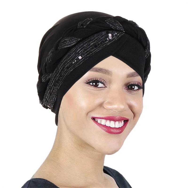 New Sequined Braid Hat Fashion Headscarf Hat Women's Travel Pullover Hat