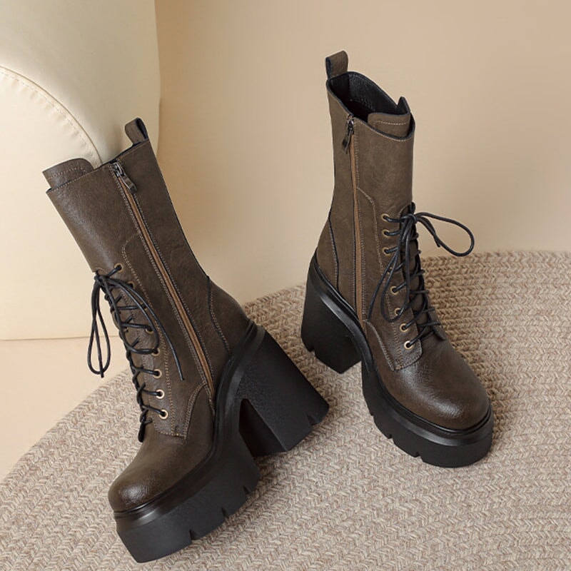 Women Biker Boots Lace-Up Combat Boots Retro Short Boots Handmade Genuine Leather Platform Boots