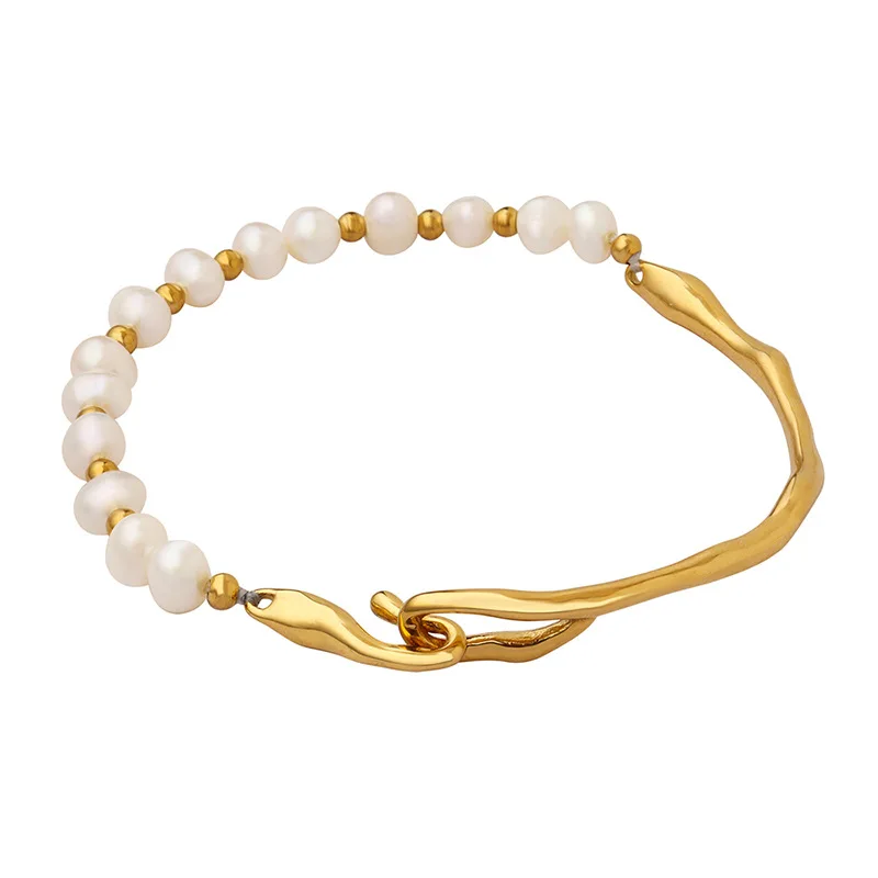 Stainless Steel Asymmetric Beaded Natural Freshwater Pearl Bracelet Long Bar Irregular Bracelets Women Statement Boho Jewelry