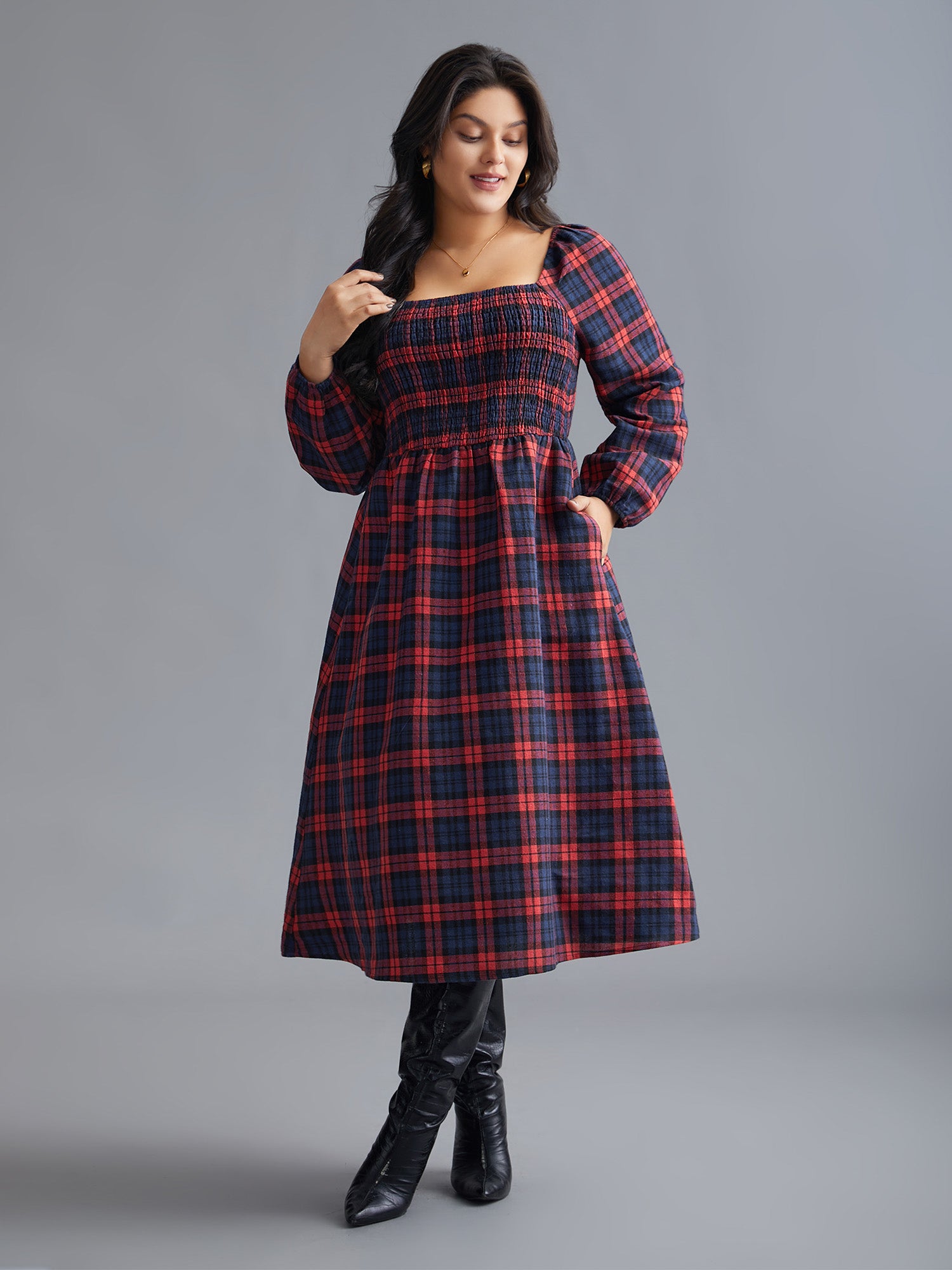 Plaid Square Neck Shirred Midi Dress