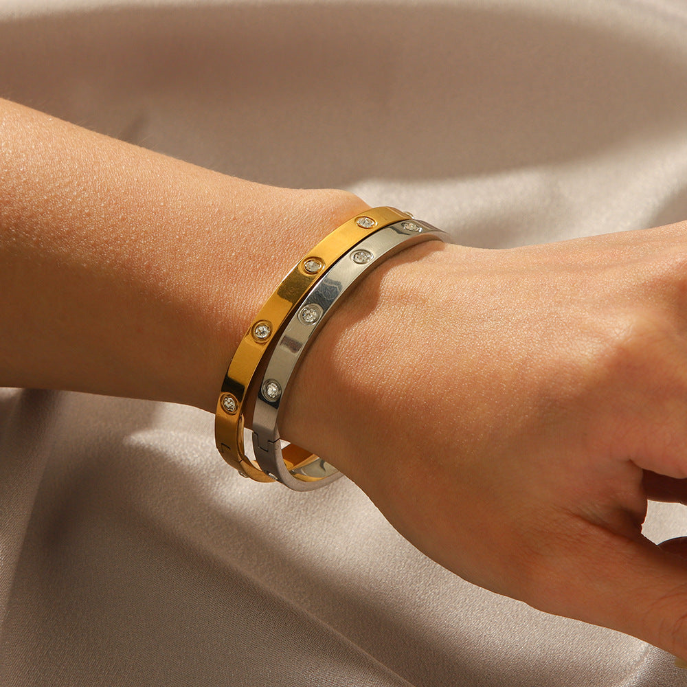 IG Style Inlay Round Stainless Steel Zircon PVD 18K Gold Bangle