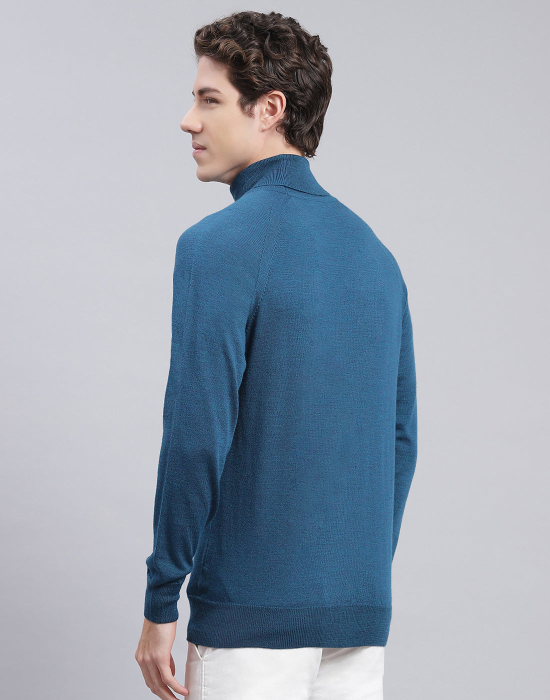 Men Teal Blue Solid High Neck Full Sleeve Pullover