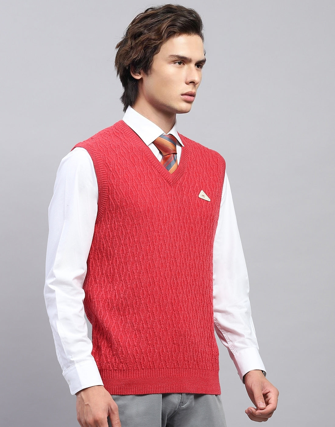 Men Red Self Design V Neck Sleeveless Sweater