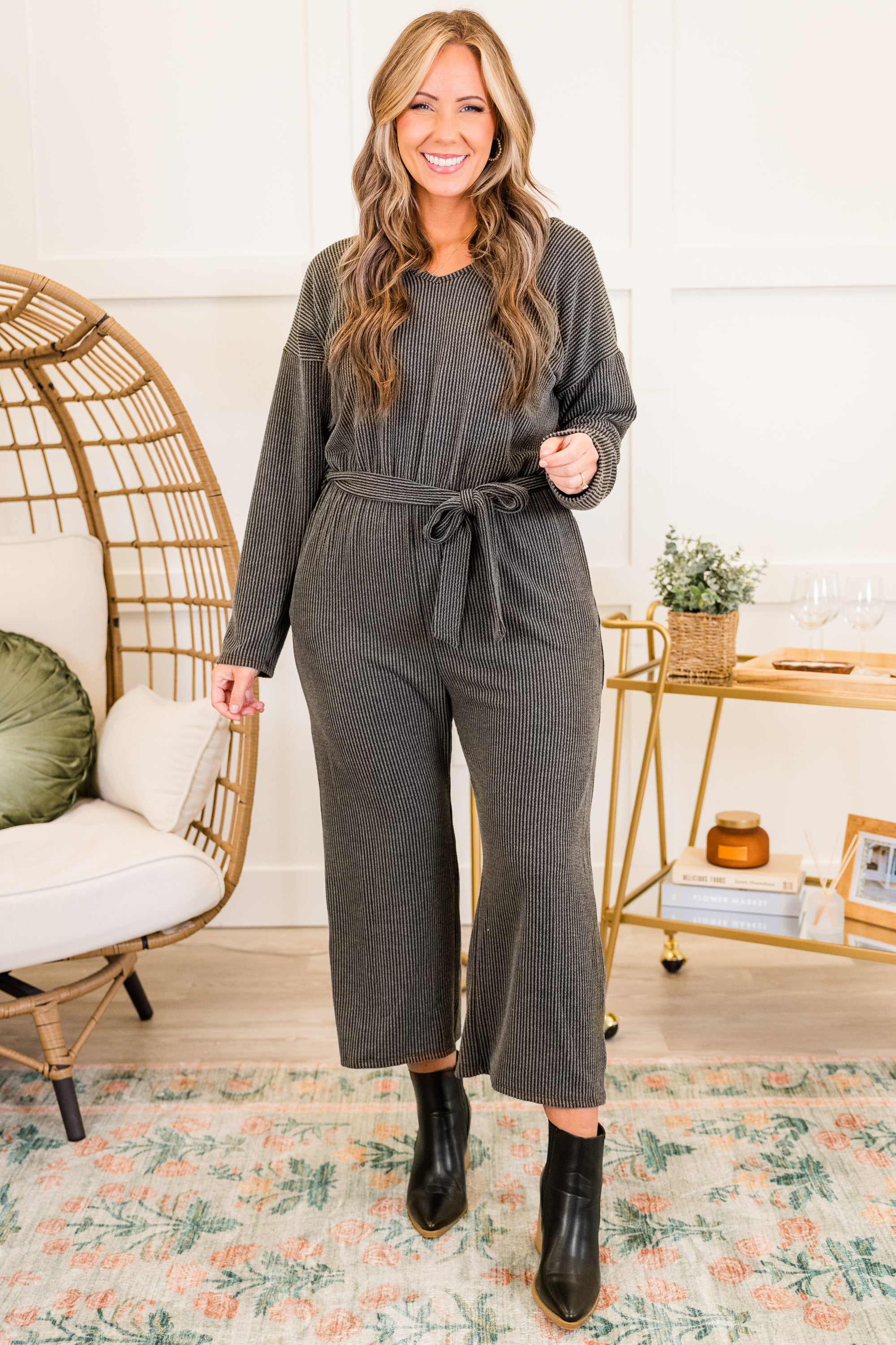 Firepits and Cozy Knits Jumpsuit. Charcoal