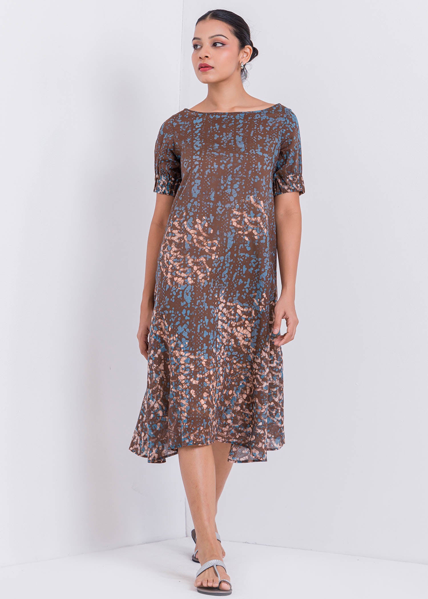 Batik Puff Sleeved Round Neck Dress