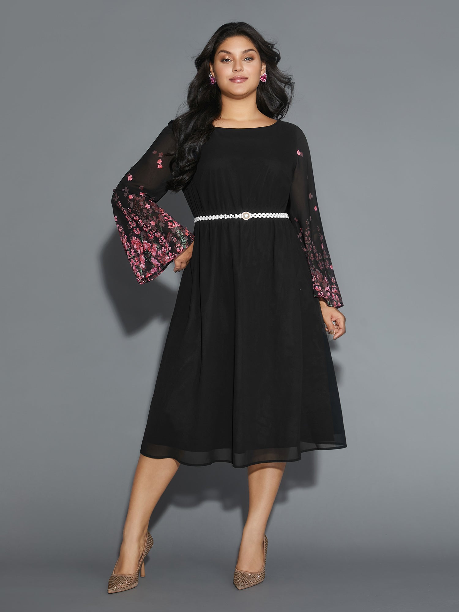 Floral Mesh Bell Sleeve Boat Neck Dress