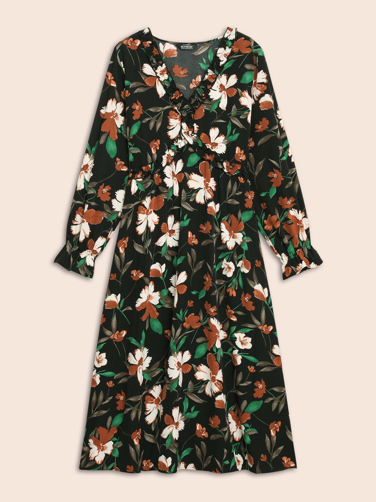 Floral Elastic Waist Frill Trim Midi Dress