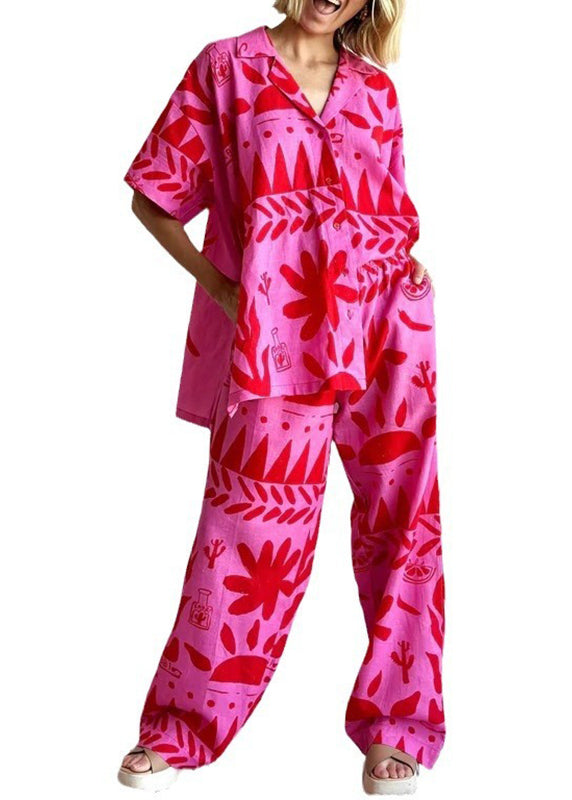 Plus Size Rose Print Shirts And Wide Leg Pants Two Pieces Set Short Sleeve