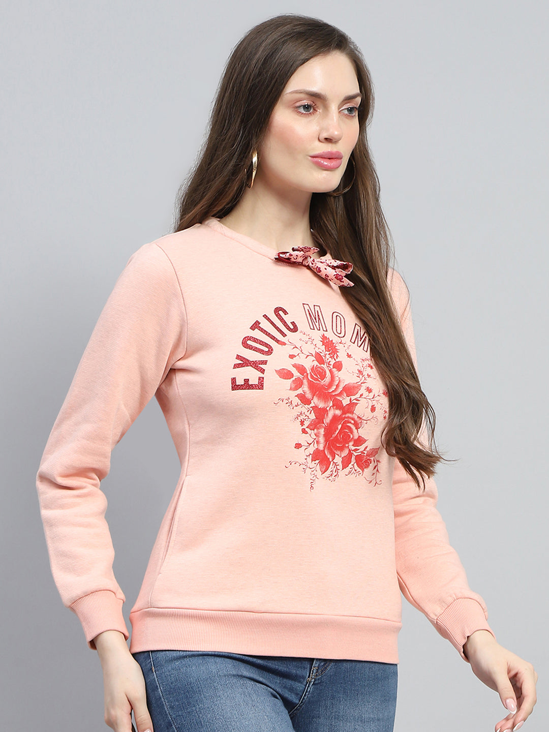 Women Peach Printed Round Neck Full Sleeve Sweatshirt