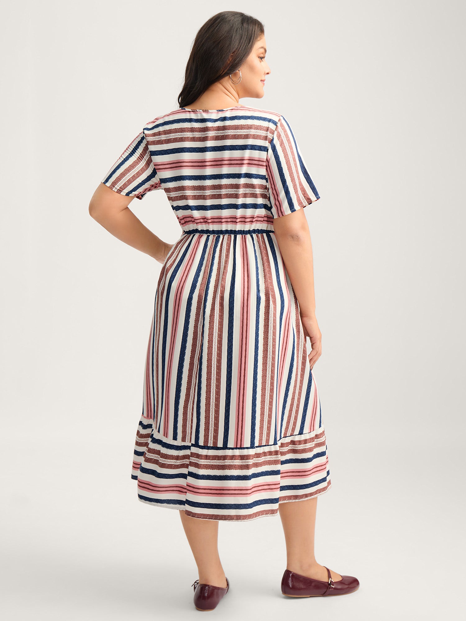 Asymmetrical Stripes V-Neck Tiered Midi Dress