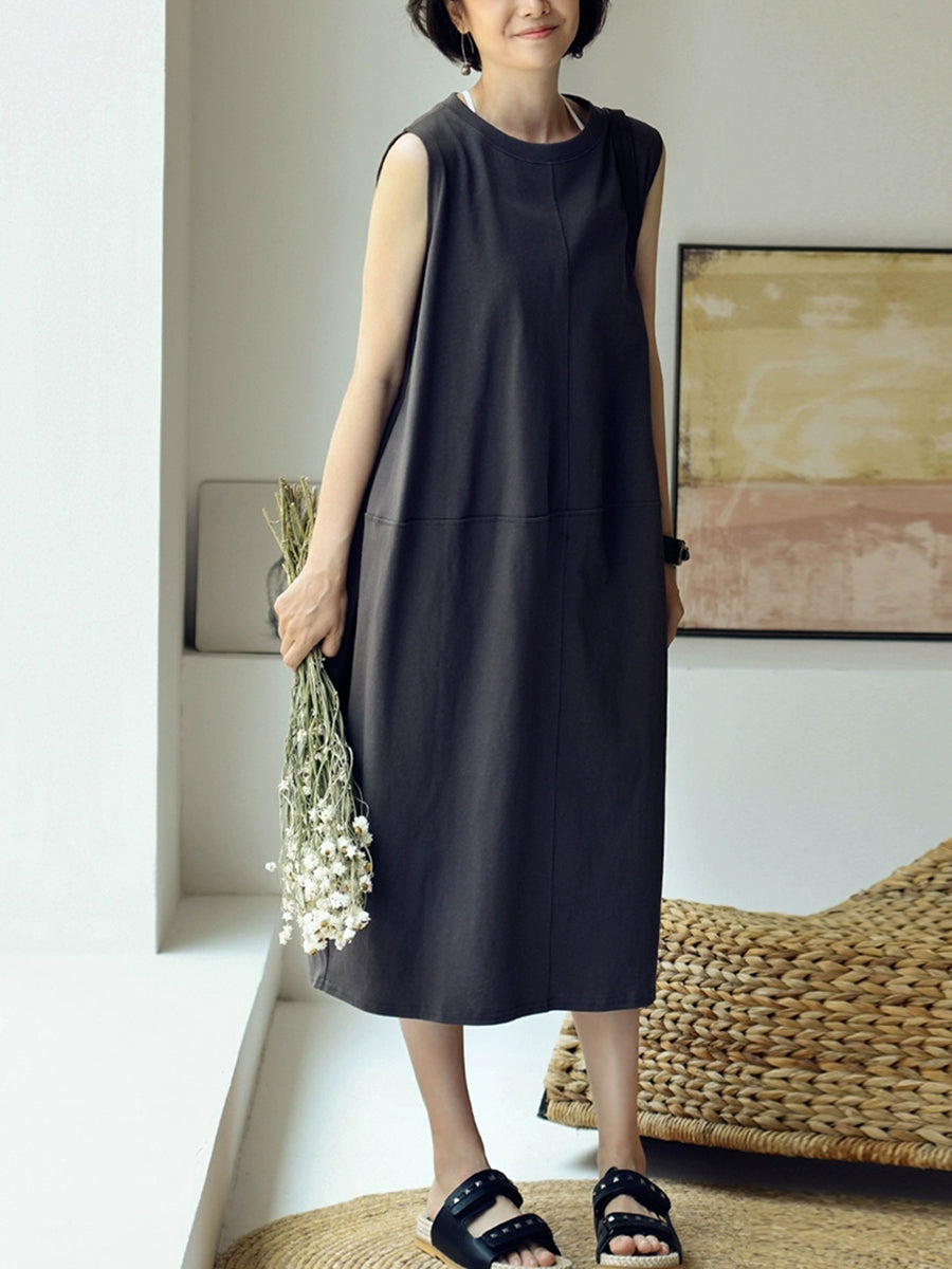 Women Summer Pure Color O-Neck 100%Cotton Vest Dress