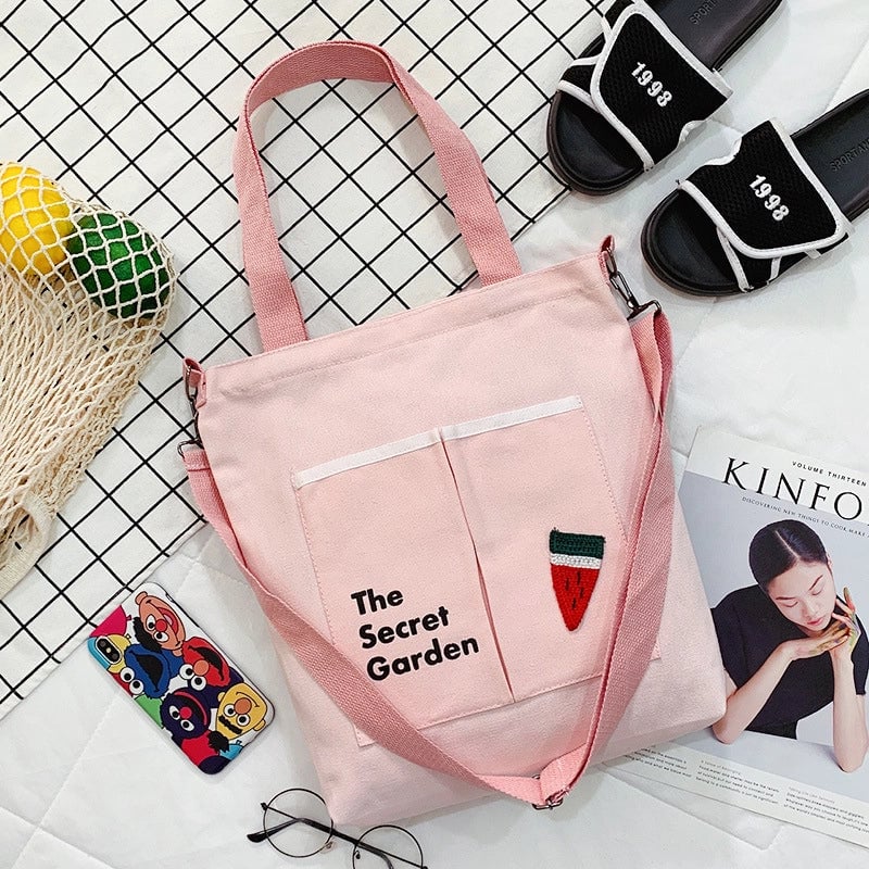 Women's Large Canvas Animal Fruit Basic Zipper Canvas Bag