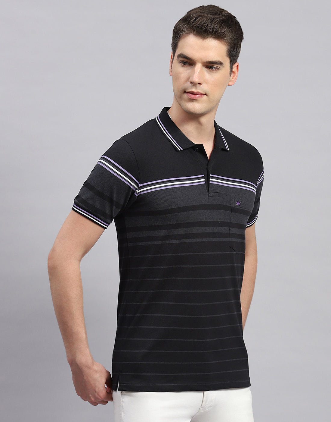 Men Black Stripe Collar Neck Half Sleeve T-Shirt