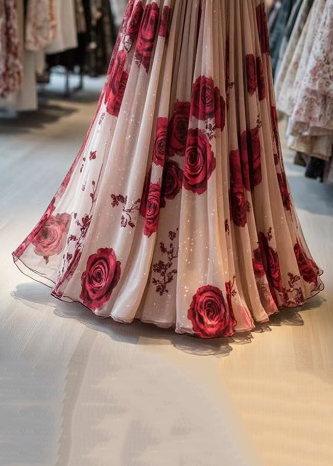 New Pink Print Wrinkled Chiffon Skirt Summer