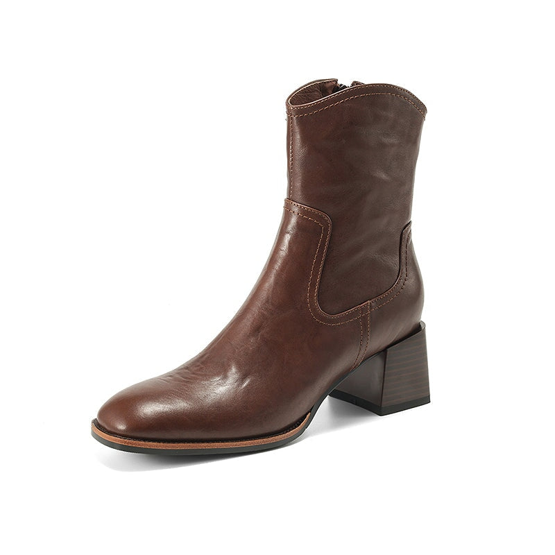 Vintage Handmade Cowhide Square Toe Side Zip Ankle Boots with 55mm Block Heel Black/Brown