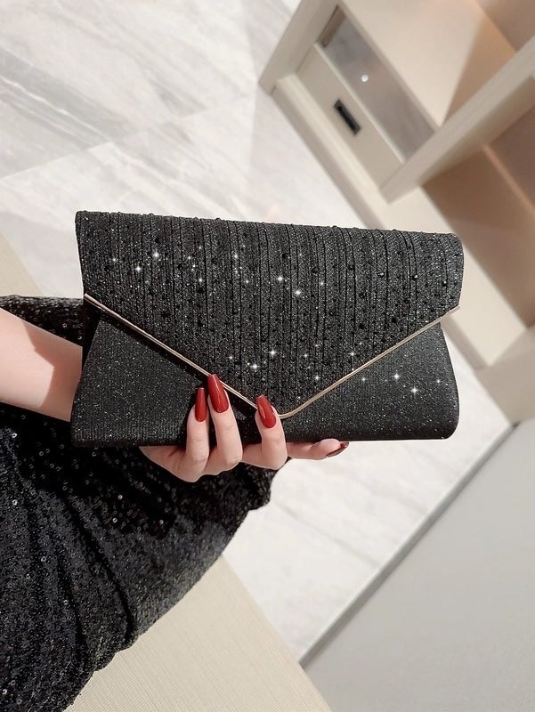Gold Black Polyester Solid Color Sequins Square Evening Bags