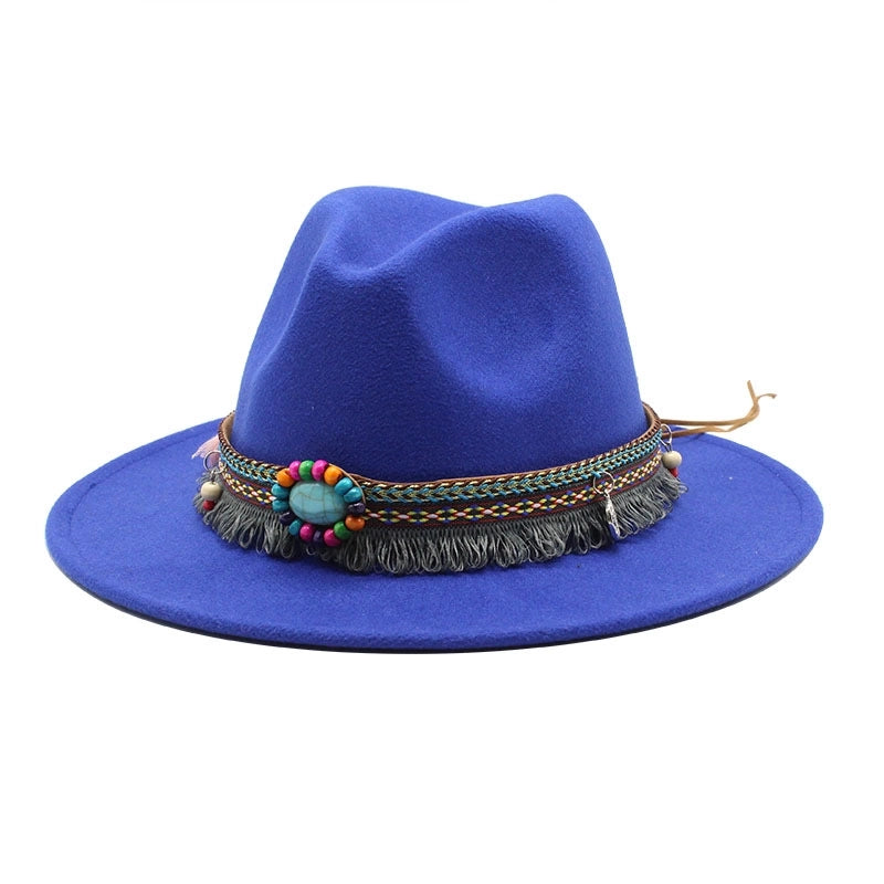 Designed Hot Sale Woolen Hat Women's Ethnic Style Retro Flat Brim Big Brim Jazz Hat