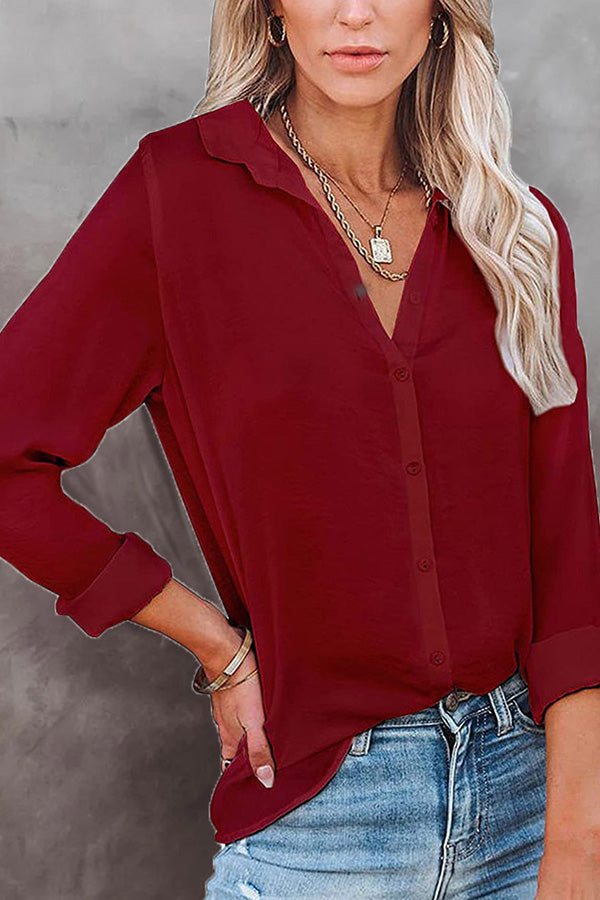 Casual Loose Long Sleeve Button V Neck Shirt Top