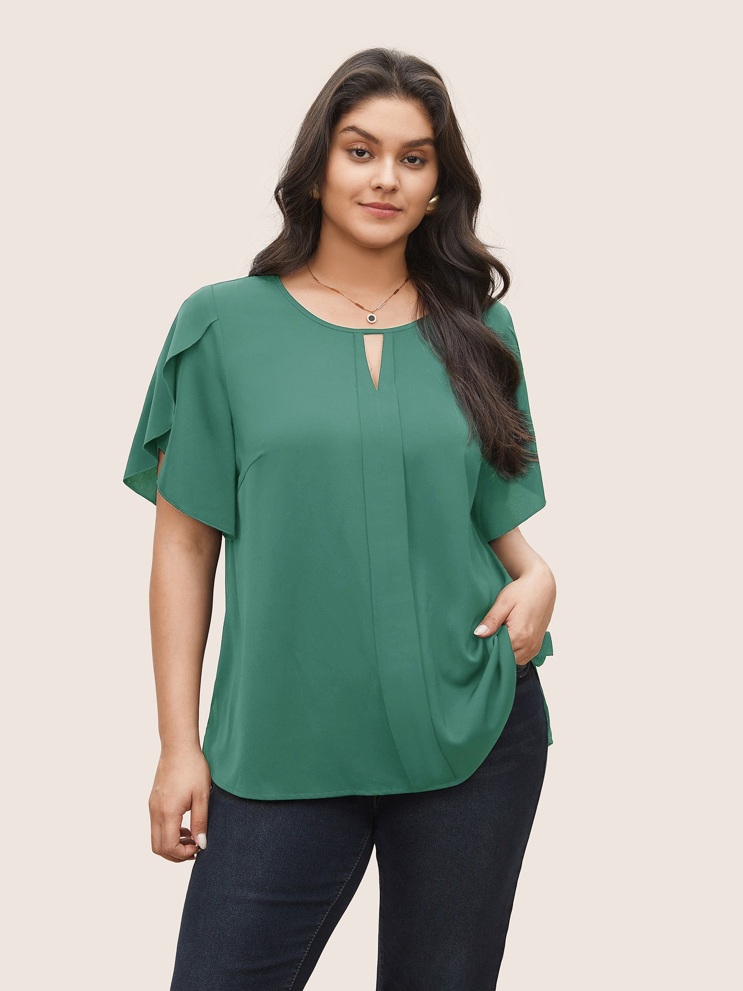 Solid Keyhole Petal Sleeve Pleated Blouse