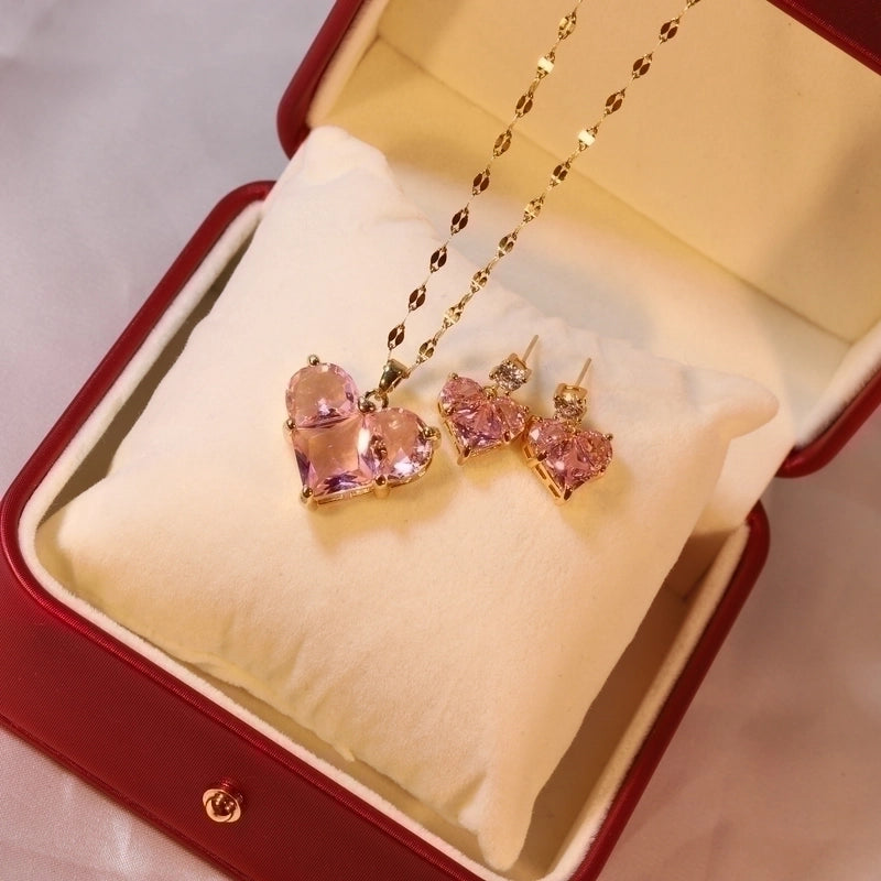 Sweet Heart Shape Titanium Steel Inlaid Gold Zircon Earrings Necklace