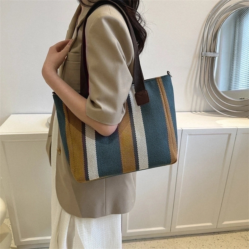 Women's Large Canvas Stripe Vintage Style Square Zipper Crossbody Bag