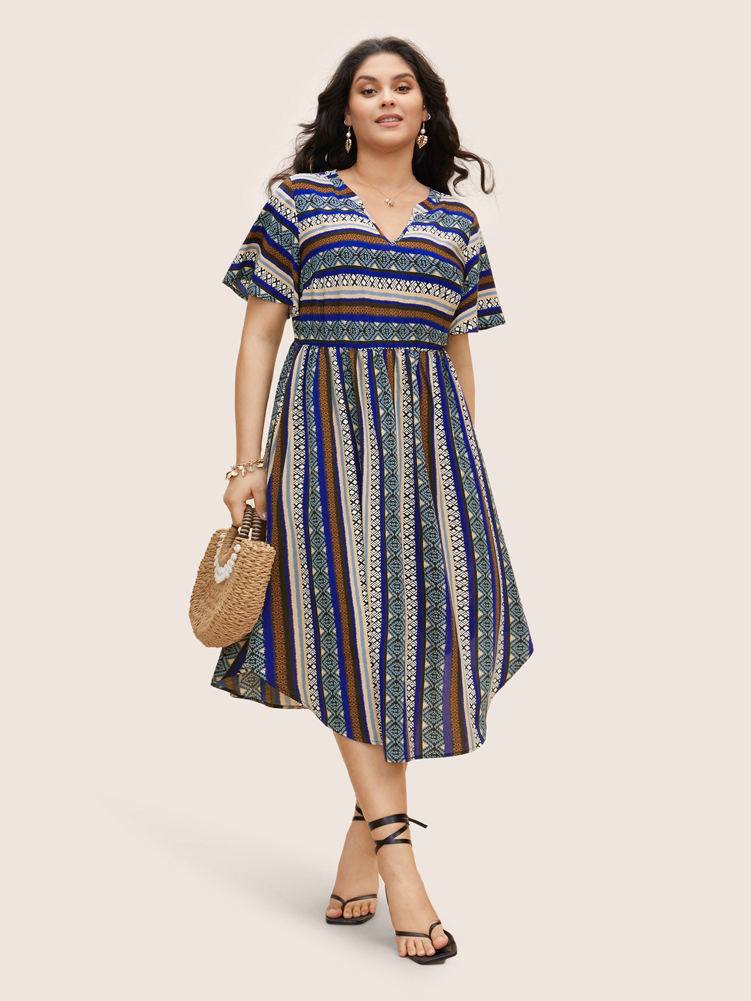 Bandana Striped Curved Hem Ruffle Sleeve Dress