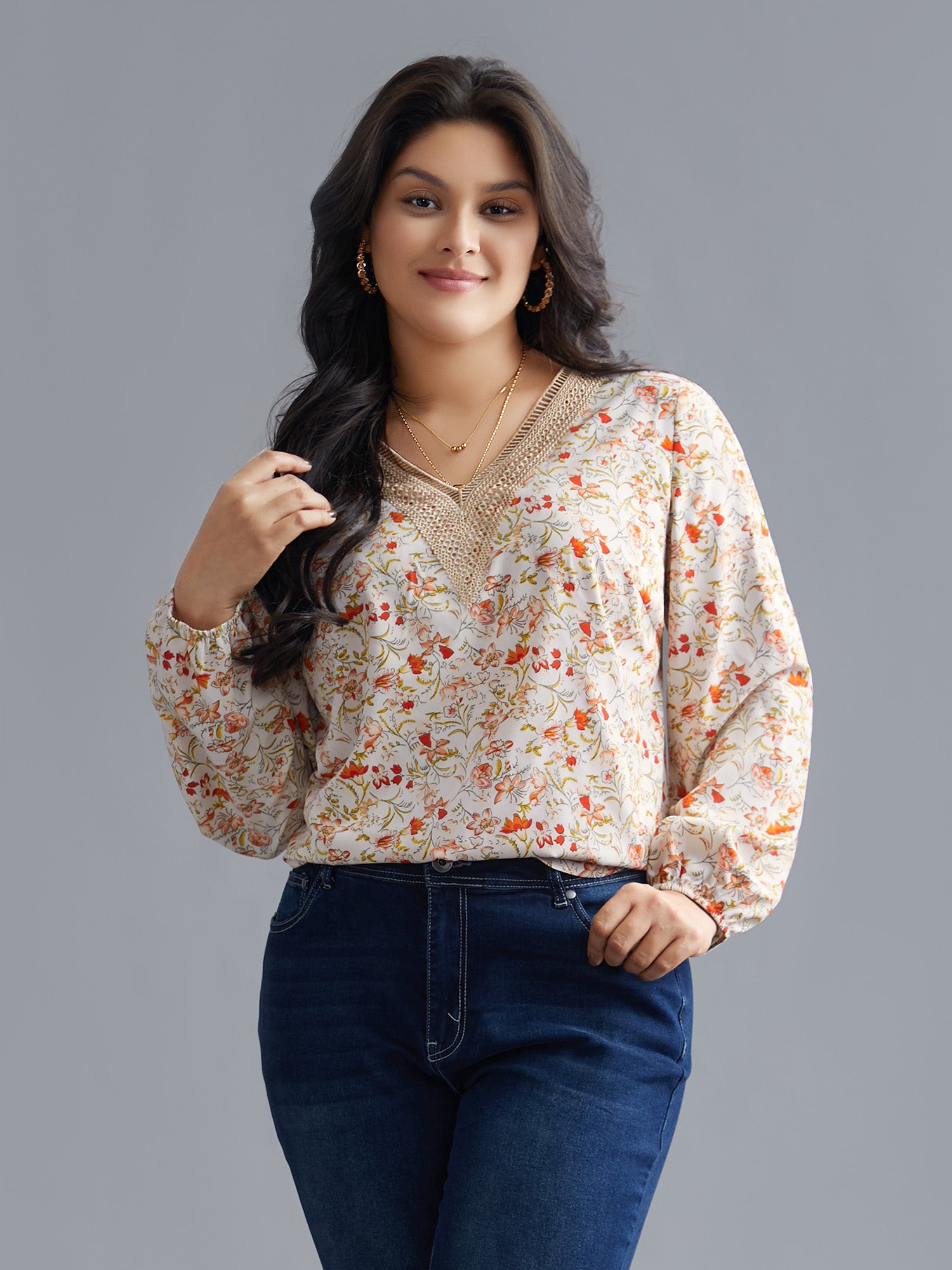 V Neck Ditsy Floral Contrast Webbing Blouse