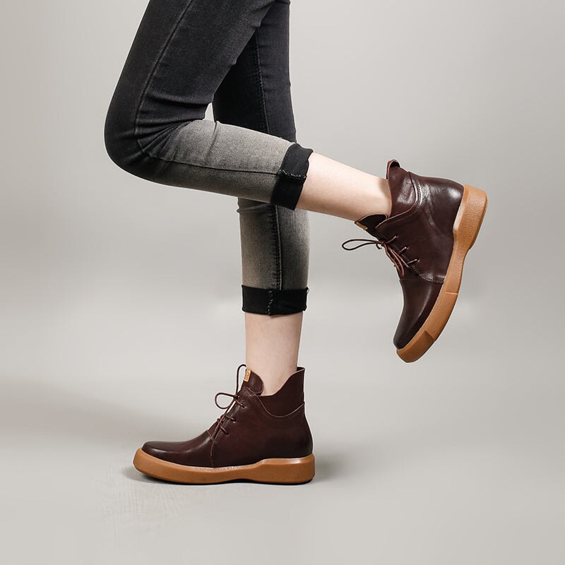 Cowhide Leather Lace-Up Lightweight Short Fold Over Collar Boots Caramel Red/Brown/Black