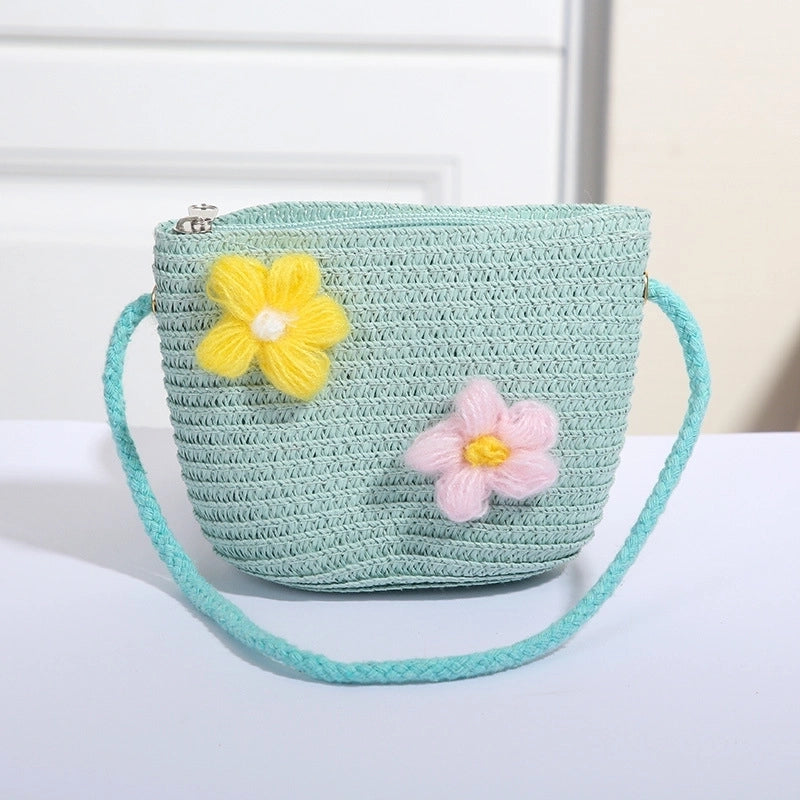 Women's Mini Straw Flower Bow Knot Fashion Bucket Zipper Shoulder Bag Handbag Crossbody Bag