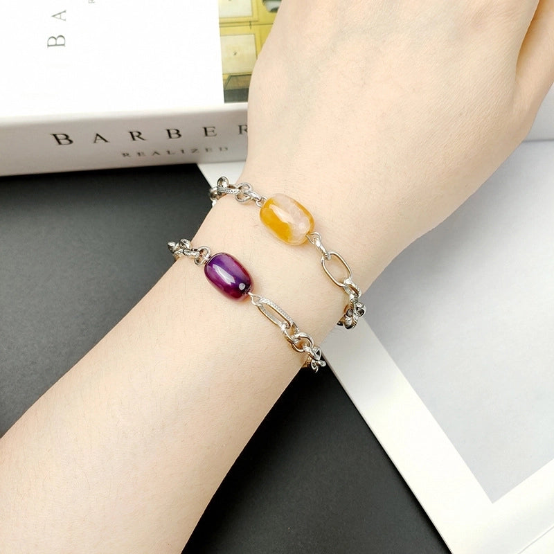 Simple New Stainless Steel Titanium Steel Natural Agate Stone Couple Bracelet Men And Women Jewelry Foreign Trade Exclusive